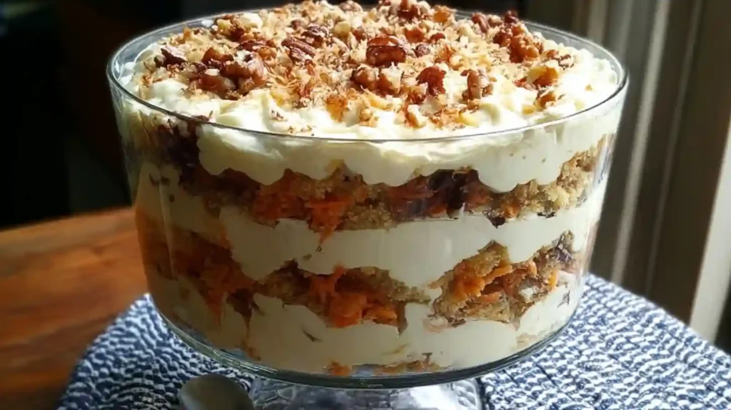 Elegant carrot cake trifle in clear glass bowl showing distinct layers of spiced cake, cream cheese frosting, and chopped walnuts topped with fresh garnish