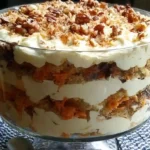 Elegant carrot cake trifle in clear glass bowl showing distinct layers of spiced cake, cream cheese frosting, and chopped walnuts topped with fresh garnish
