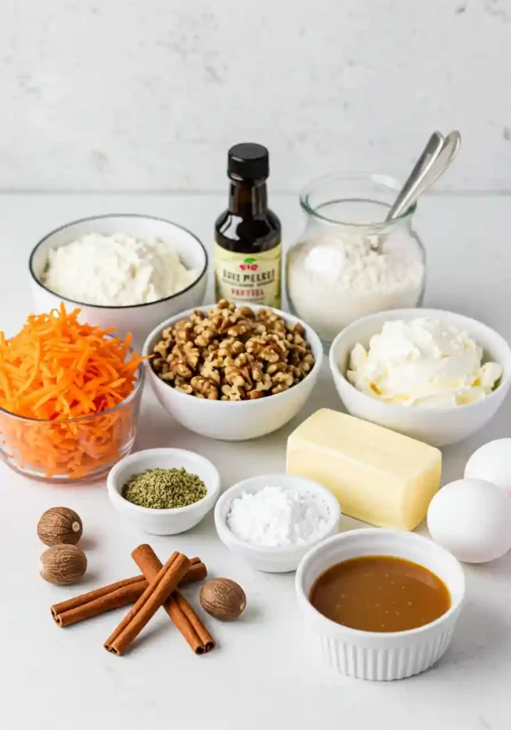 All ingredients for carrot cake trifle laid out including flour, eggs, grated carrots, cream cheese, butter, powdered sugar, and walnuts on white background