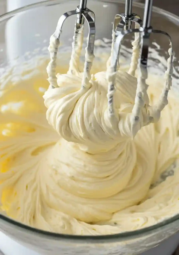 Electric mixer beating cream cheese frosting in bowl, showing smooth white frosting with perfect peaks and creamy texture for carrot cake trifle