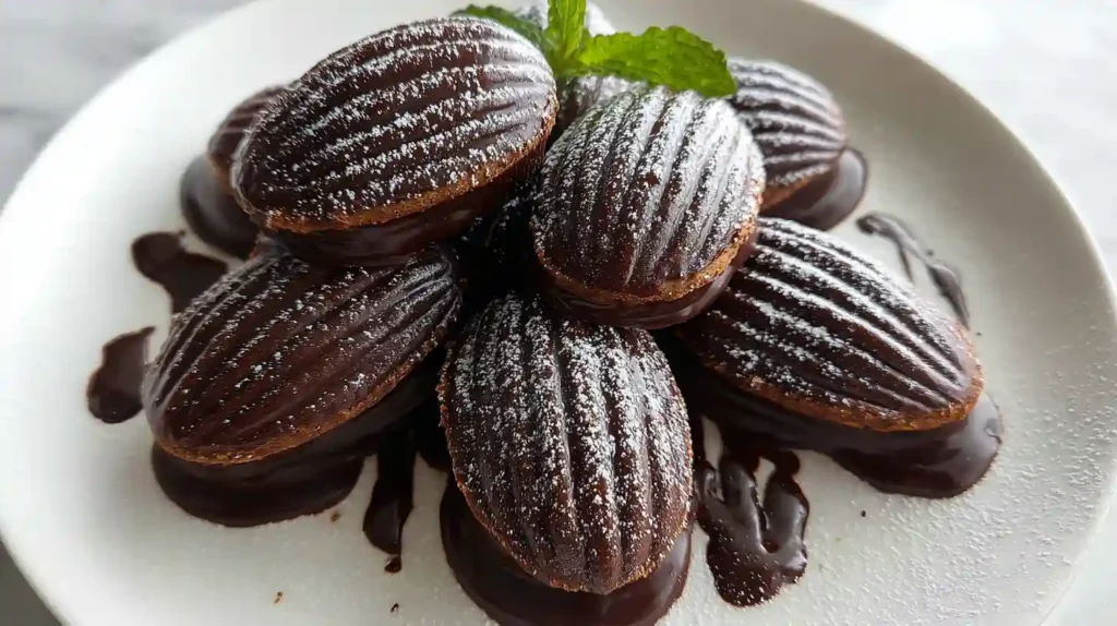 Freshly baked chocolate madeleines dusted with powdered sugar arranged on elegant white plate