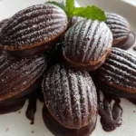 Freshly baked chocolate madeleines dusted with powdered sugar arranged on elegant white plate