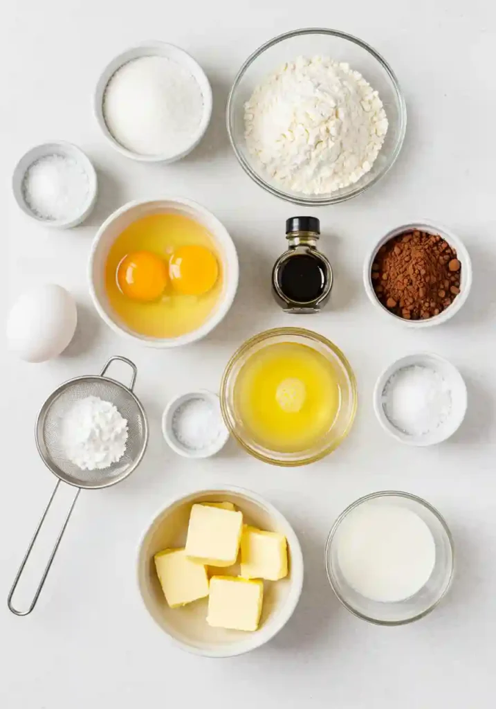 All ingredients for chocolate madeleines recipe including eggs, flour, cocoa powder, butter, and sugar arranged on marble counter