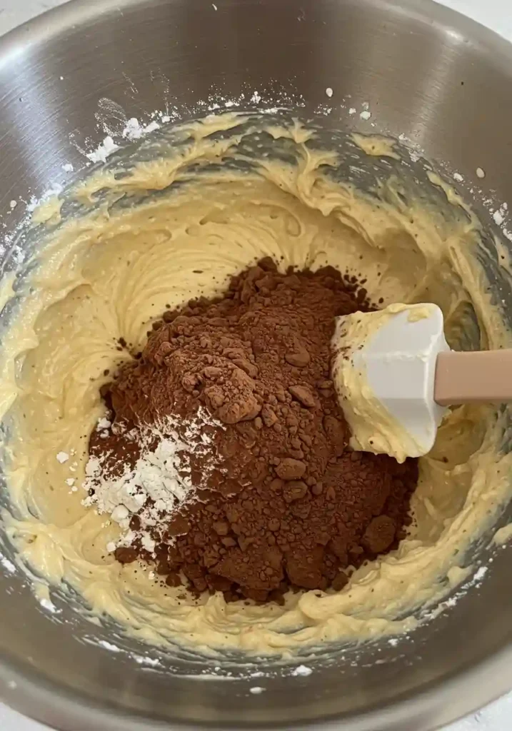 Hands using rubber spatula to gently fold flour and cocoa mixture into egg batter for chocolate madeleines