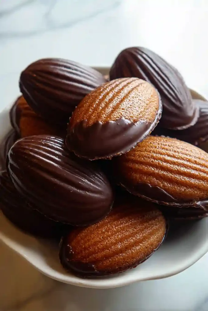 Fresh chocolate madeleines cooling on wire rack after being removed from madeleine molds