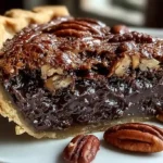 Whole chocolate pecan pie with rich dark filling and arranged pecan halves in flaky golden crust