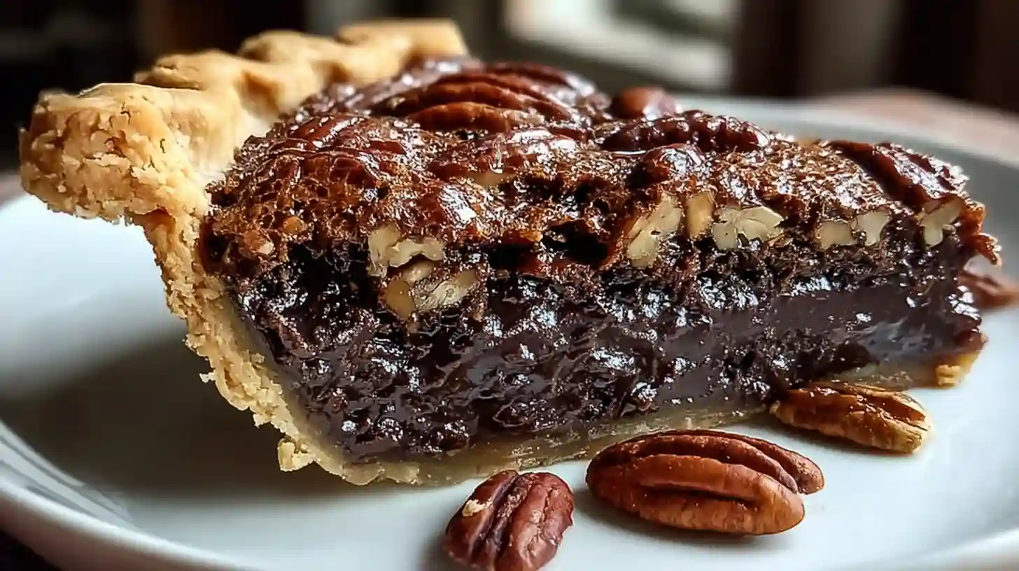 Whole chocolate pecan pie with rich dark filling and arranged pecan halves in flaky golden crust