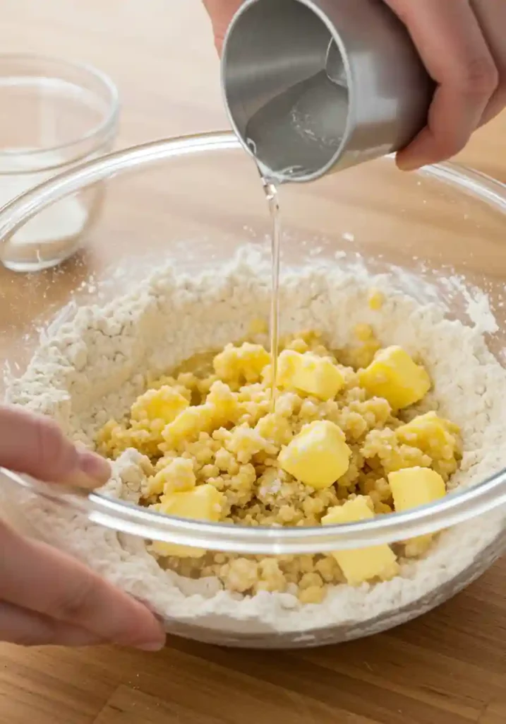 Hands mixing flour and butter for pie crust showing coarse breadcrumb texture in glass mixing bowl