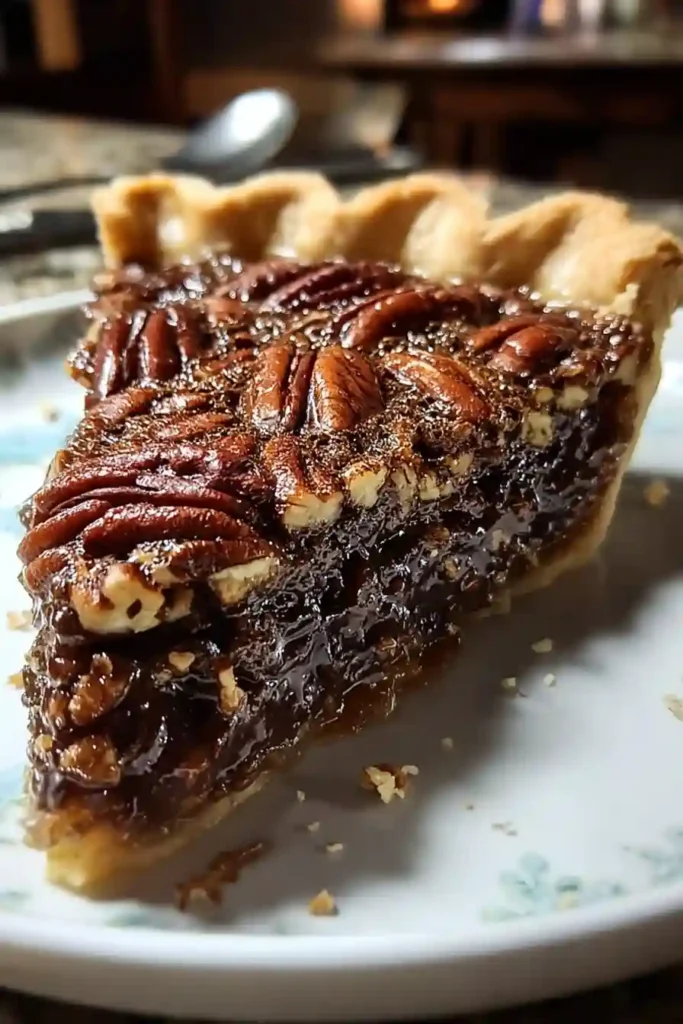 Golden chocolate pecan pie cooling on wire rack with steam rising from perfectly set filling