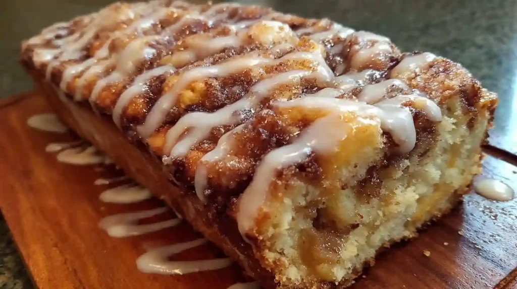 Sliced cinnamon swirl apple fritter bread on wooden cutting board with brown sugar glaze drizzled on top