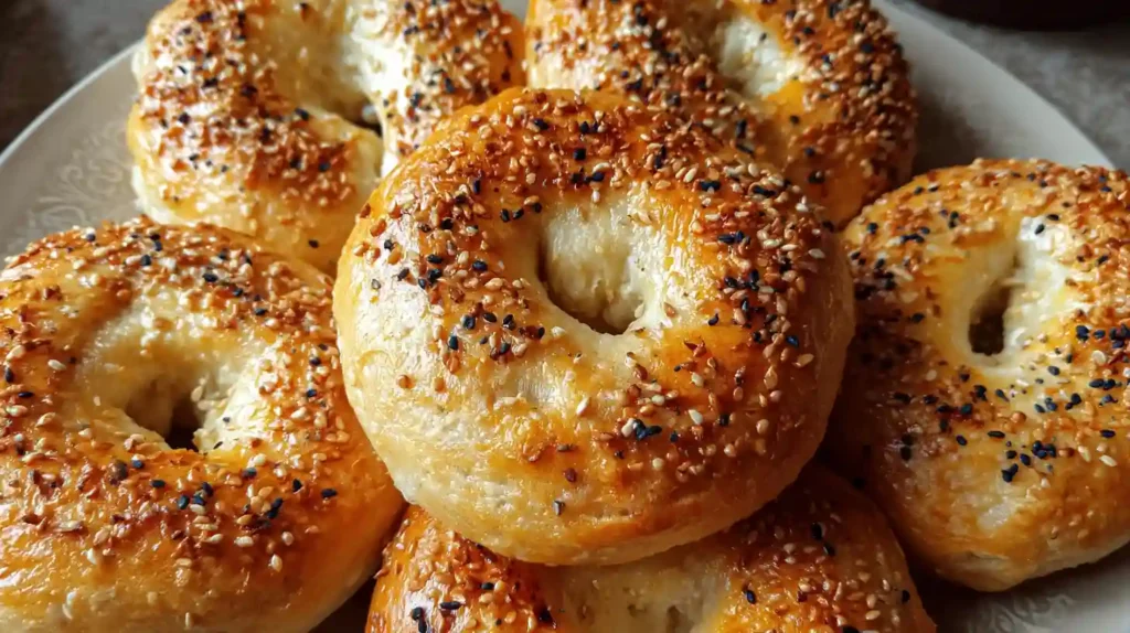 Four golden brown cottage cheese bagels cooling on parchment paper with crispy tops and perfect bagel holes