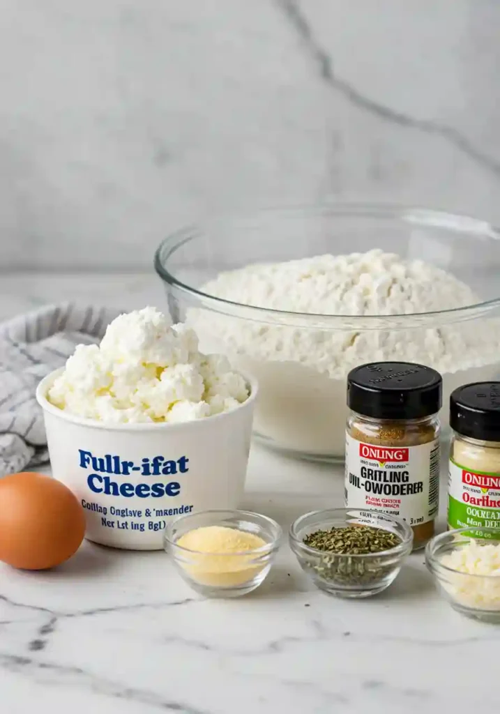 Bowl of cottage cheese and cup of self-rising flour on kitchen counter with measuring cups and optional seasonings