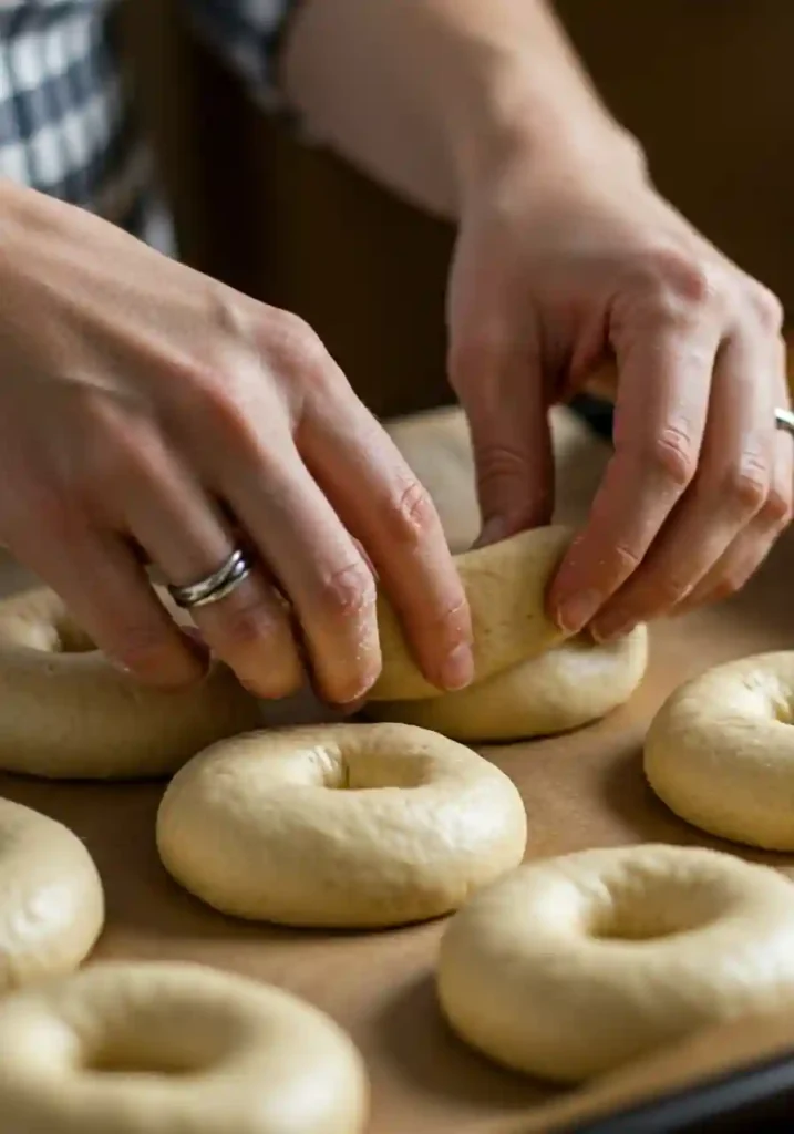 Hands forming cottage cheese dough into bagel shapes on floured surface showing the rope-making and circle-forming technique