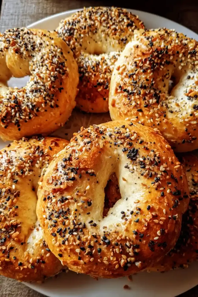 Warm cottage cheese bagels cooling on wire rack after baking showing steam rising and golden brown finished texture