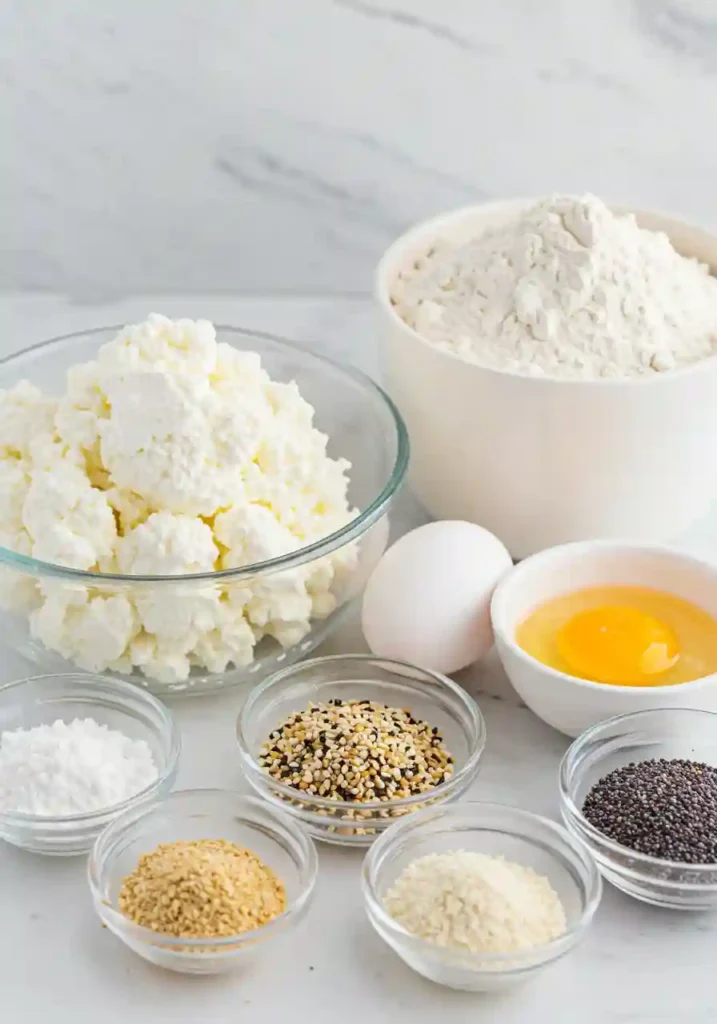 Bowl of cottage cheese, self-rising flour, and egg on white countertop for making air fryer bagels
