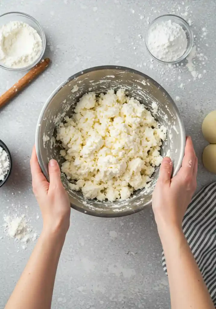 Hands mixing cottage cheese and flour in glass bowl, showing soft bagel dough texture