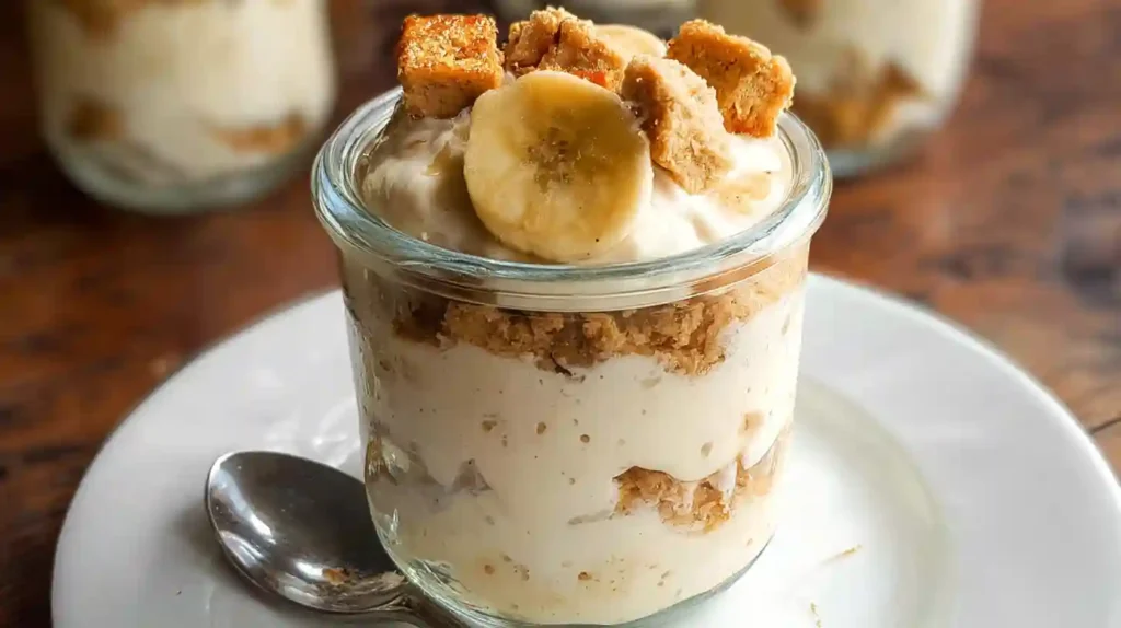 Cottage cheese banana pudding served in glass bowl with whipped cream and banana slices on marble counter
