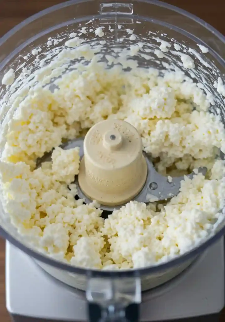 Cottage cheese being blended in food processor showing transformation from grainy to smooth texture