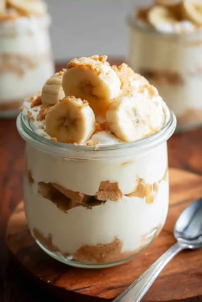 Hands layering cottage cheese banana pudding mixture with banana slices in clear glass serving cups