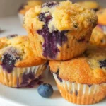 Golden brown cottage cheese blueberry muffins with visible berries, arranged on cooling rack with fresh blueberries scattered around