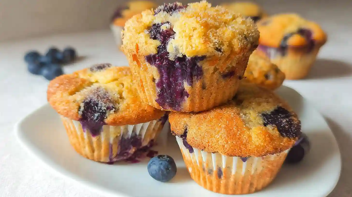 Golden brown cottage cheese blueberry muffins with visible berries, arranged on cooling rack with fresh blueberries scattered around