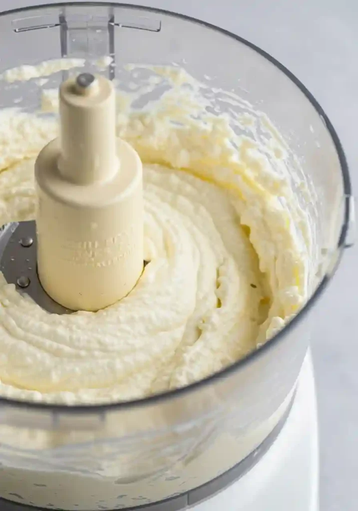 Smooth cottage cheese mixture in food processor bowl after blending to remove lumps for muffin batter