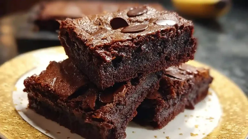 Fudgy cottage cheese brownies cut into squares on white plate with fork, showing dense chocolate texture