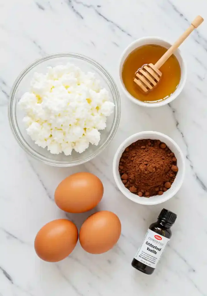 Cottage cheese brownies ingredients laid out: cottage cheese bowl, eggs, cocoa powder, honey jar, and vanilla extract bottle