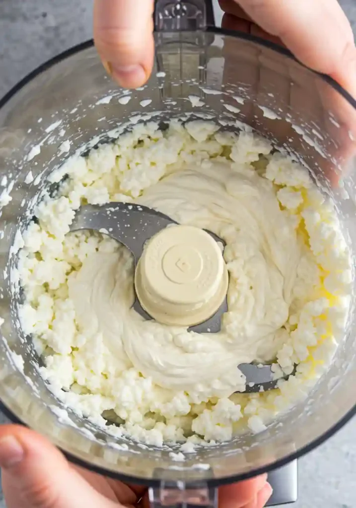 Cottage cheese being blended to smooth consistency in food processor for protein brownies