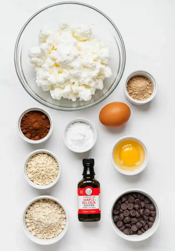 Cottage cheese, cocoa powder, oat flour, egg, maple syrup and chocolate chips arranged on white background