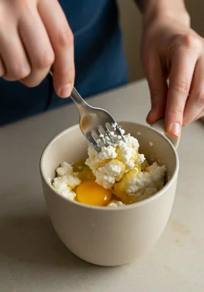 Fork mixing cottage cheese with egg and maple syrup in microwave-safe ceramic mug