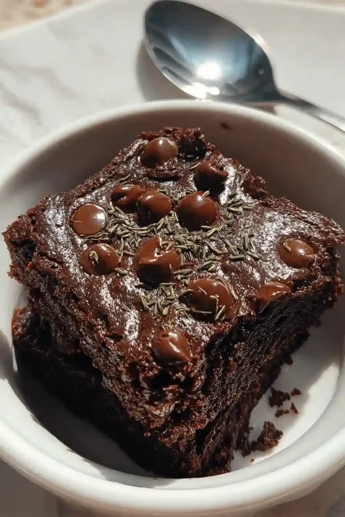 Steaming hot cottage cheese brownie in mug after 90 seconds of microwave cooking, showing ideal texture