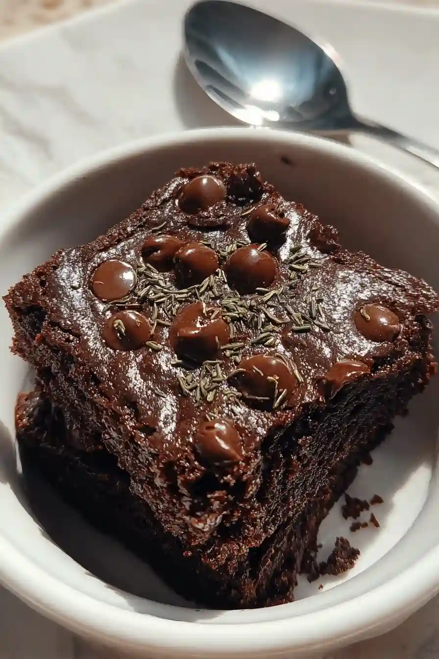 Steaming hot cottage cheese brownie in mug after 90 seconds of microwave cooking, showing ideal texture