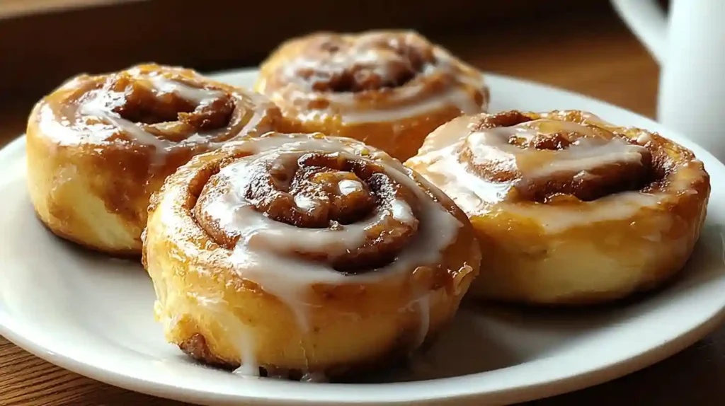 Golden cottage cheese cinnamon rolls with white glaze in ceramic baking dish