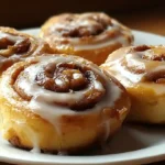 Golden cottage cheese cinnamon rolls with white glaze in ceramic baking dish