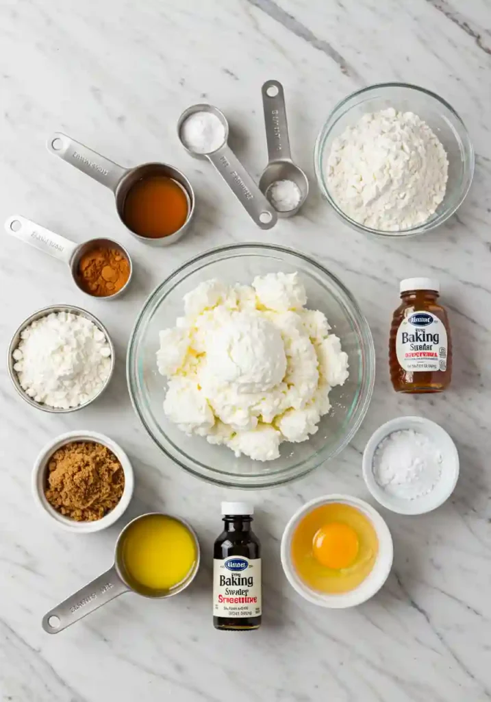 Cottage cheese, flour, eggs and baking ingredients arranged on marble counter