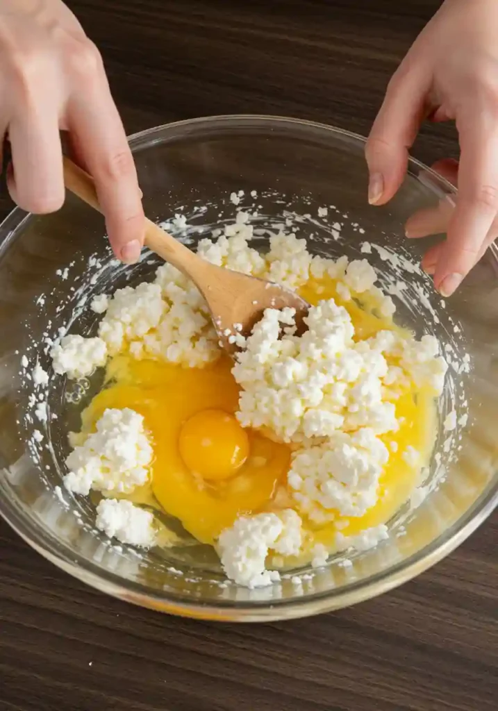 Hands mixing cottage cheese and egg in glass bowl with wooden spoon