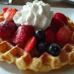 Stack of golden cottage cheese waffles topped with fresh berries, whipped cream, and sugar-free maple syrup on a white plate