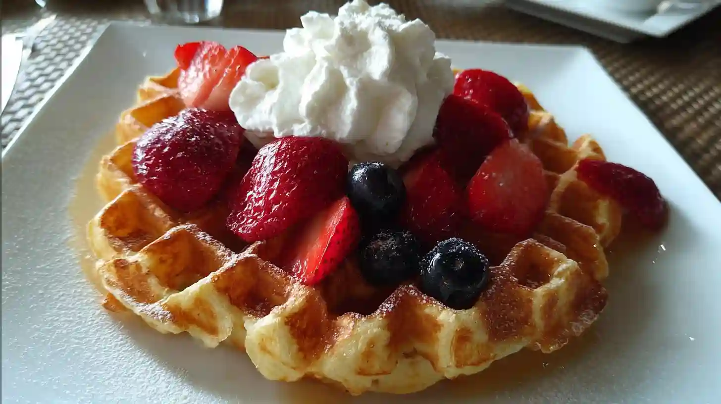 Stack of golden cottage cheese waffles topped with fresh berries, whipped cream, and sugar-free maple syrup on a white plate
