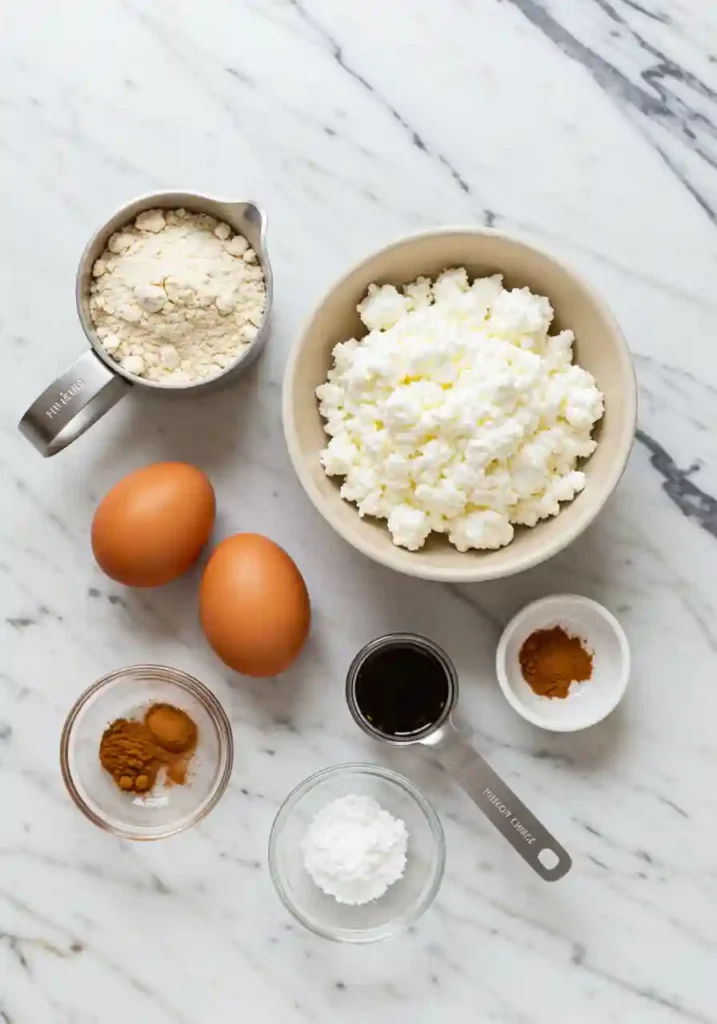 Cottage cheese, eggs, and almond flour ingredients displayed on marble counter for waffle recipe