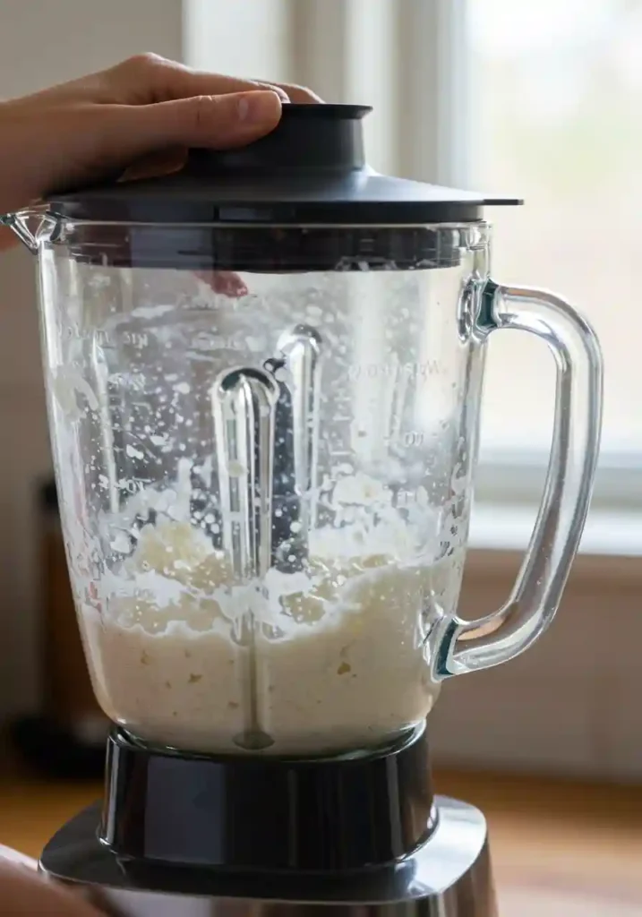 Cottage cheese waffle batter being blended smooth in a glass blender