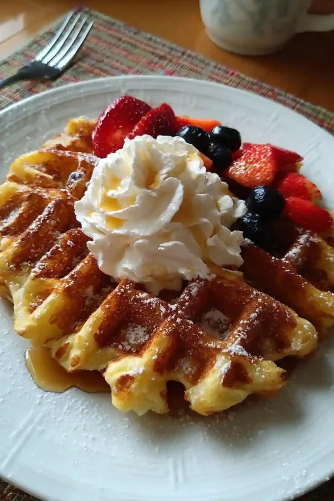 Golden crispy cottage cheese waffle cooling on wire rack with visible steam