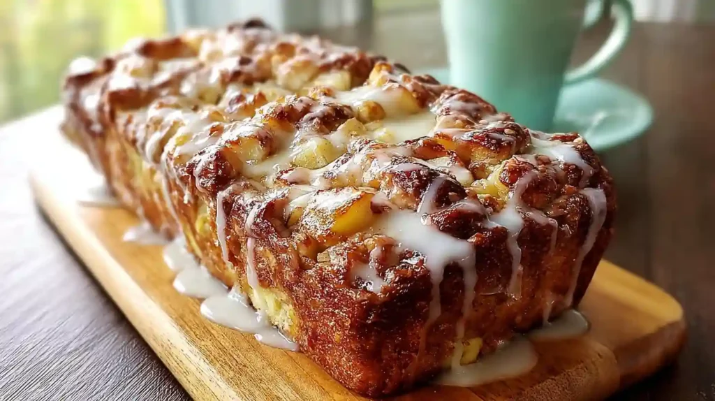 Sliced Country Apple Fritter Bread with cinnamon swirls and vanilla glaze on wooden cutting board