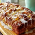 Sliced Country Apple Fritter Bread with cinnamon swirls and vanilla glaze on wooden cutting board