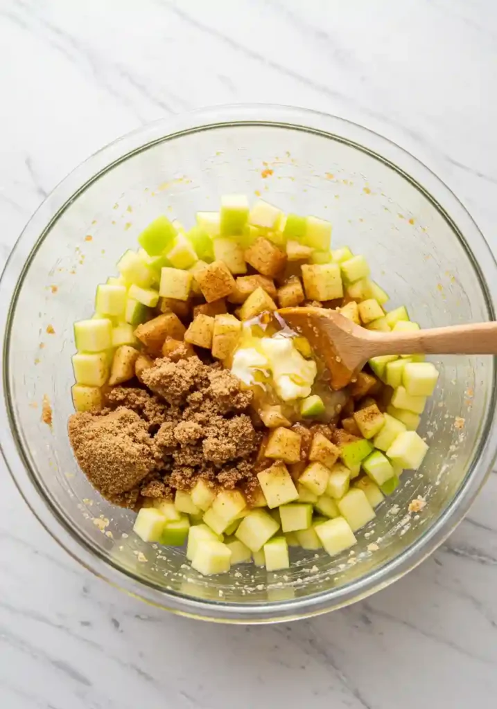 Diced apples mixed with brown sugar and cinnamon in glass bowl for apple fritter bread filling