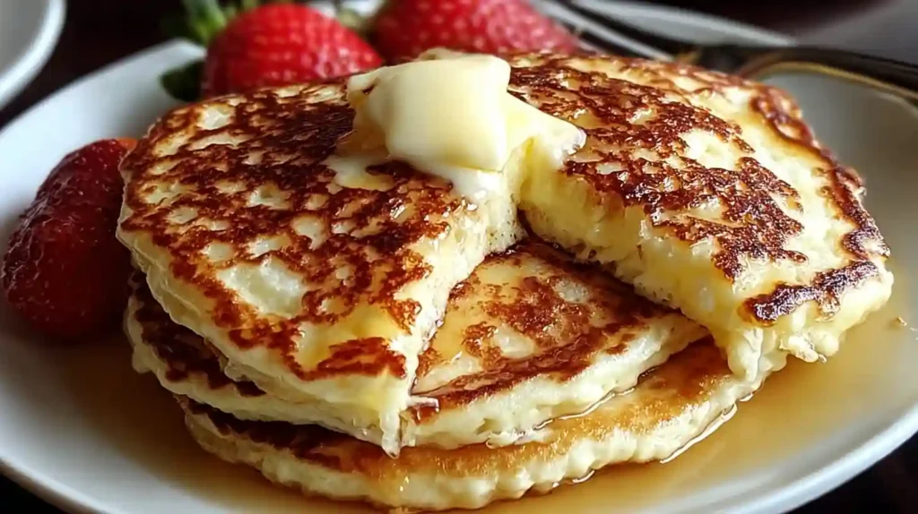 Stack of three golden flourless cottage cheese pancakes on white plate topped with butter, syrup, and fresh blueberries