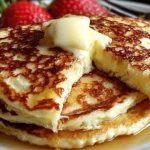 Stack of three golden flourless cottage cheese pancakes on white plate topped with butter, syrup, and fresh blueberries