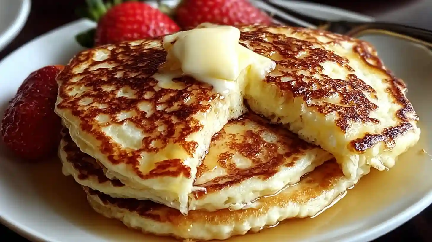 Stack of three golden flourless cottage cheese pancakes on white plate topped with butter, syrup, and fresh blueberries