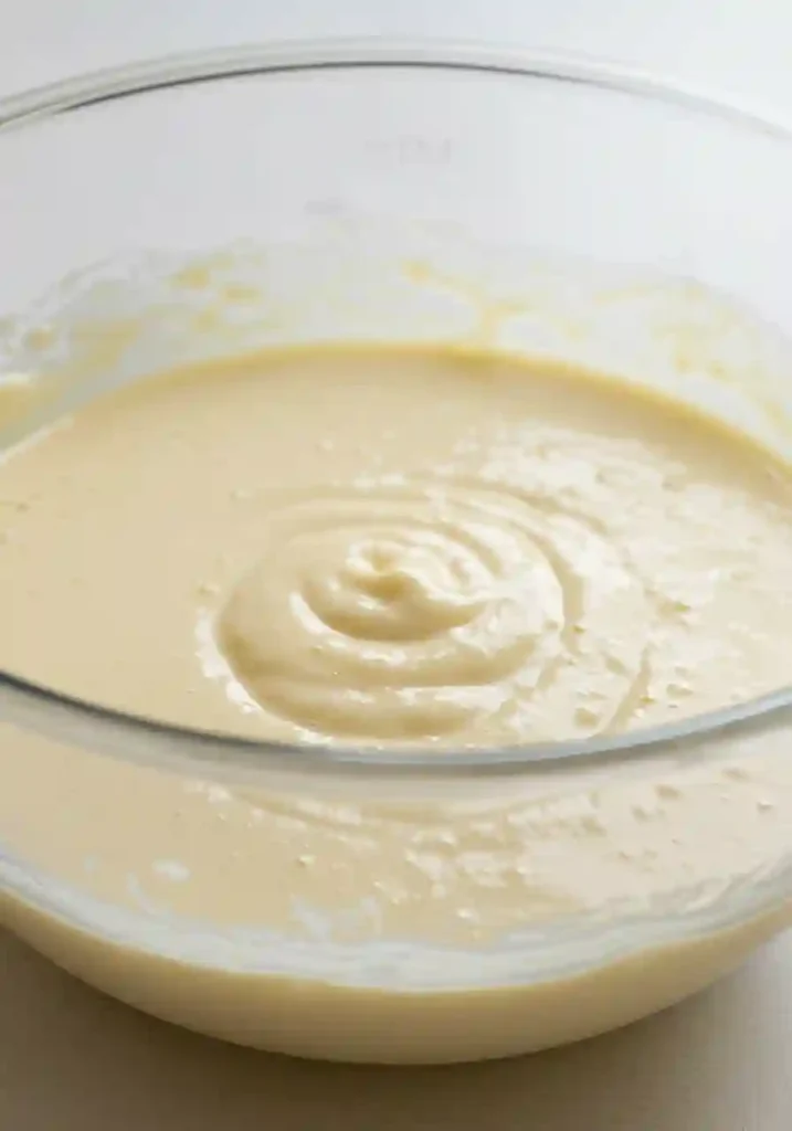 Creamy, lump-free cottage cheese pancake batter in clear glass bowl showing proper consistency after resting