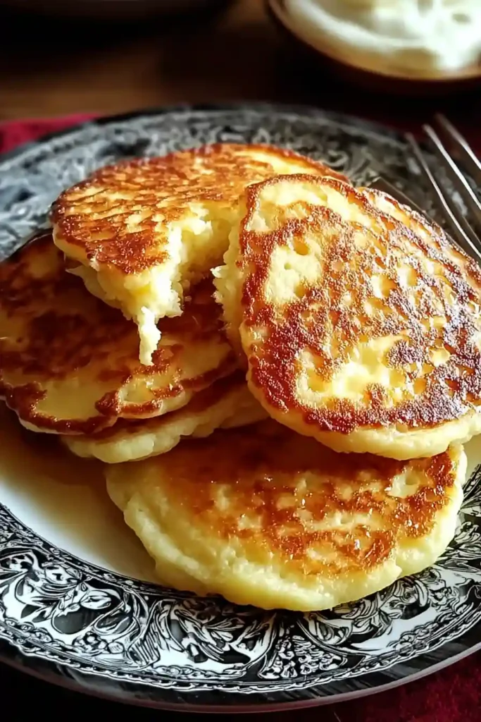 Golden cottage cheese pancakes being transferred from non-stick pan to plate with wooden spatula, showing steam rising